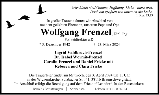 Traueranzeige von Wolfgang Frenzel von Braunschweiger Zeitung