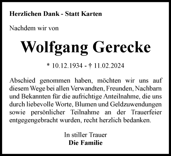 Traueranzeige von Wolfgang Gerecke von Wolfenbütteler Zeitung