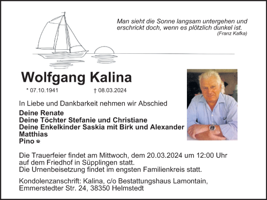 Traueranzeige von Wolfgang Kalina von Helmstedter Nachrichten