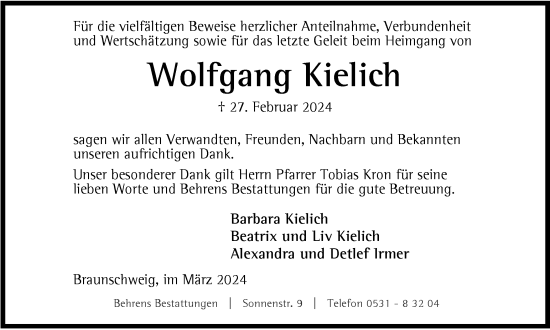 Traueranzeige von Wolfgang Kielich von Braunschweiger Zeitung