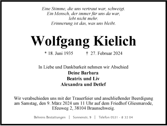 Traueranzeige von Wolfgang Kielich von Braunschweiger Zeitung