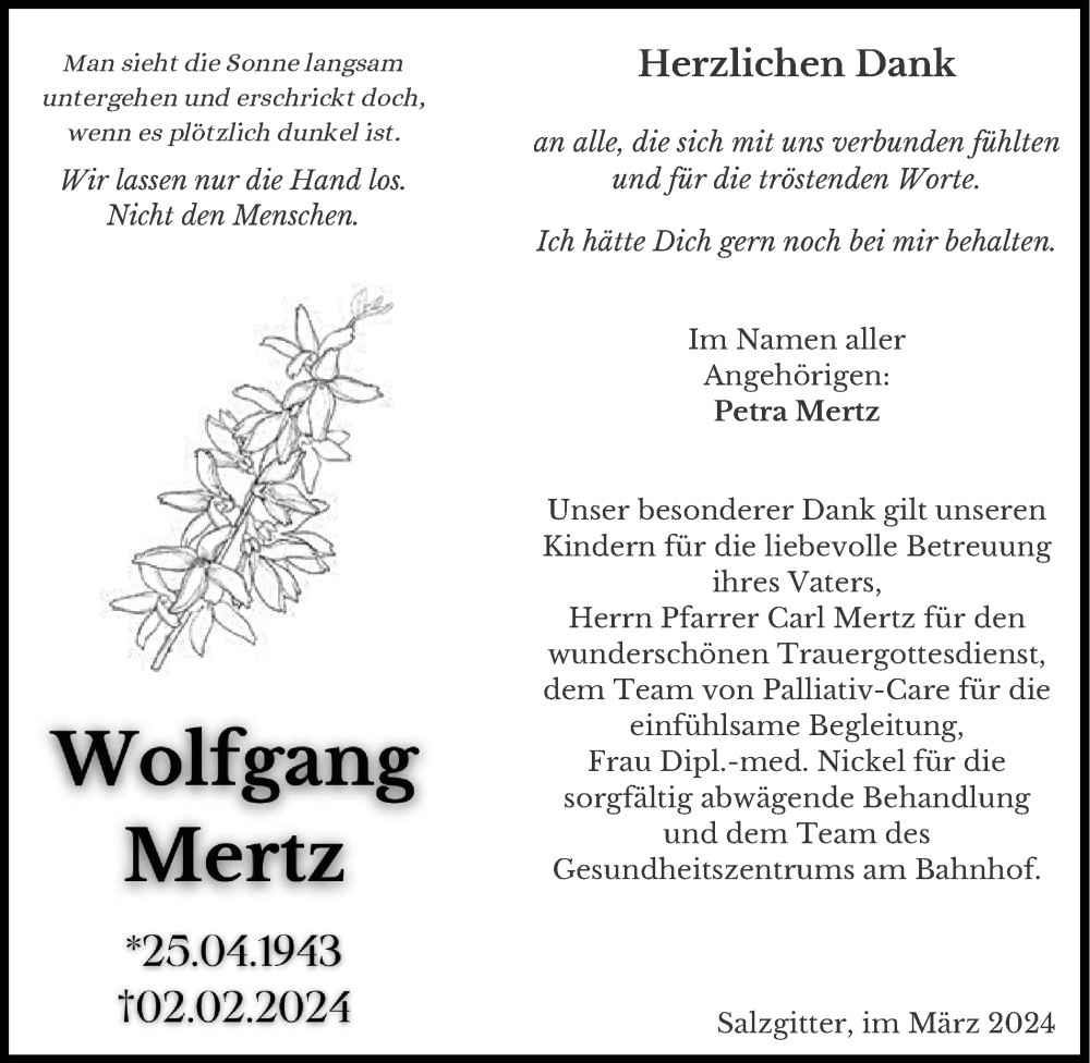  Traueranzeige für Wolfgang Mertz vom 09.03.2024 aus Salzgitter-Zeitung