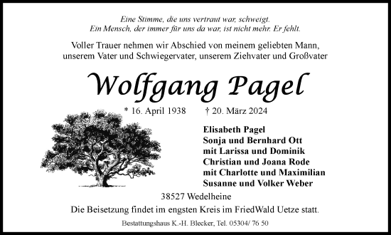 Traueranzeige von Wolfgang Pagel von Braunschweiger Zeitung