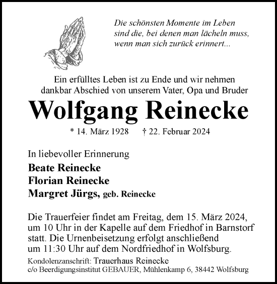Traueranzeige von Wolfgang Reinecke von Wolfsburger Nachrichten