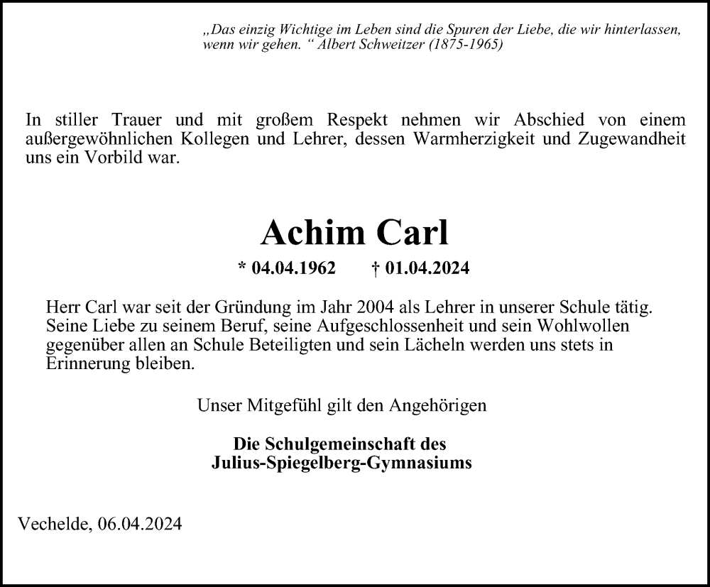  Traueranzeige für Achim Carl vom 06.04.2024 aus Peiner Nachrichten