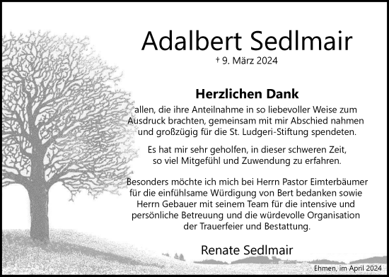 Traueranzeige von Adalbert Sedlmair von Wolfsburger Nachrichten