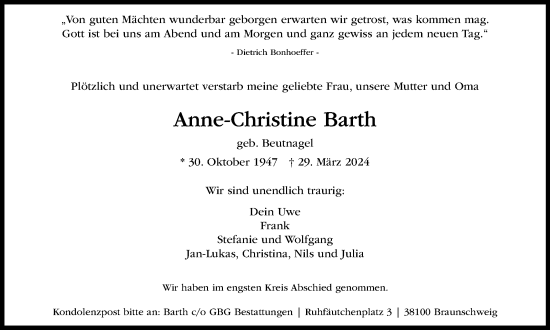 Traueranzeige von Anne-Christine Barth von Braunschweiger Zeitung