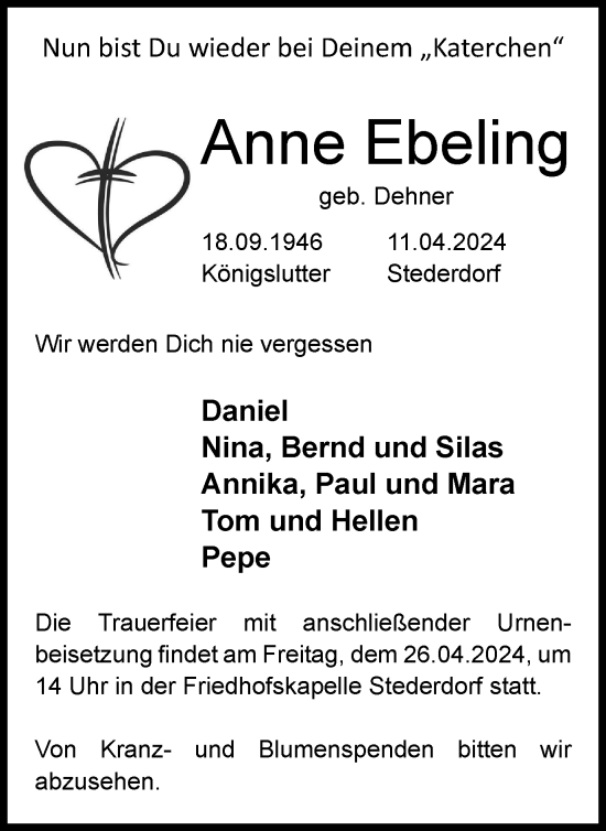 Traueranzeige von Anne Ebeling von Peiner Nachrichten