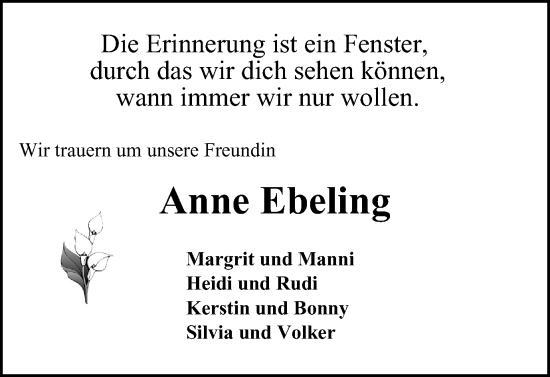 Traueranzeige von Anne Ebeling von Peiner Nachrichten