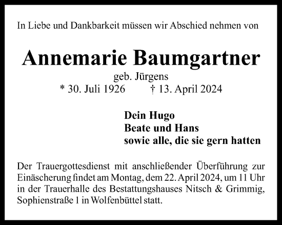 Traueranzeige von Annemarie Baumgartner von Wolfenbütteler Zeitung