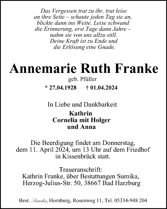Traueranzeige von Annemarie Ruth Franke von Wolfenbütteler Zeitung