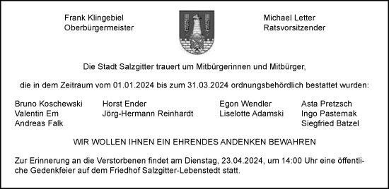 Traueranzeige von Bestattungen vom 12.04.2024 von Salzgitter-Zeitung