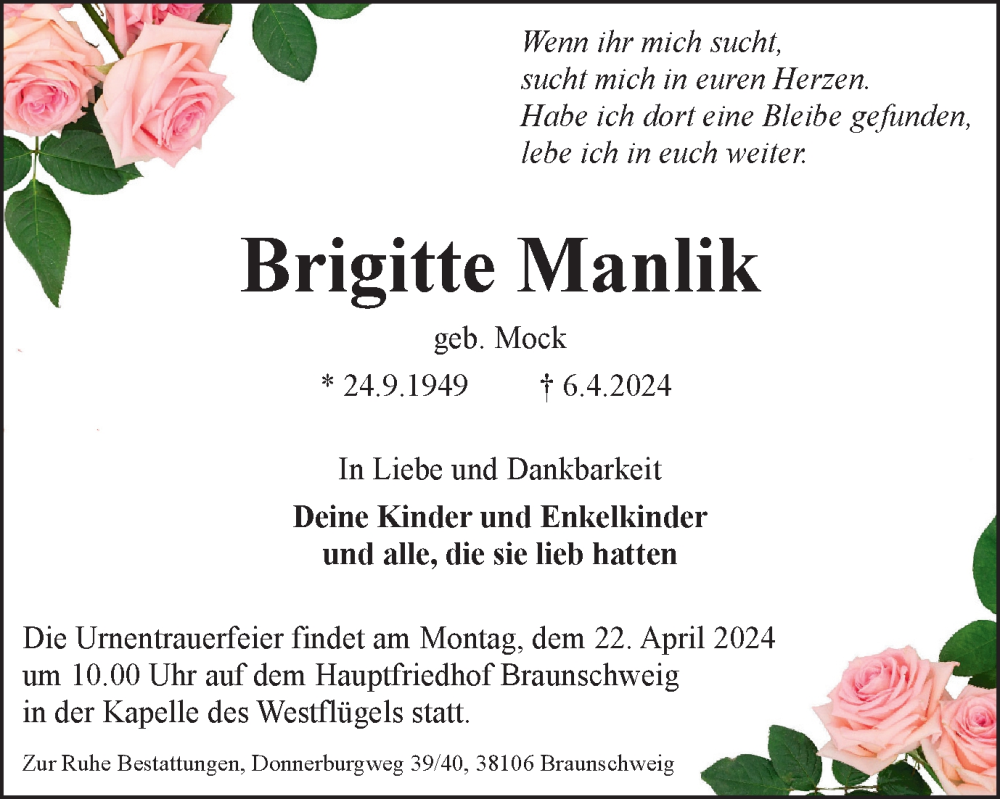  Traueranzeige für Brigitte Manlik vom 13.04.2024 aus Braunschweiger Zeitung