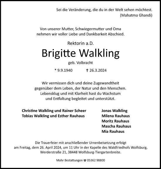 Traueranzeige von Brigitte Walkling von Wolfsburger Nachrichten