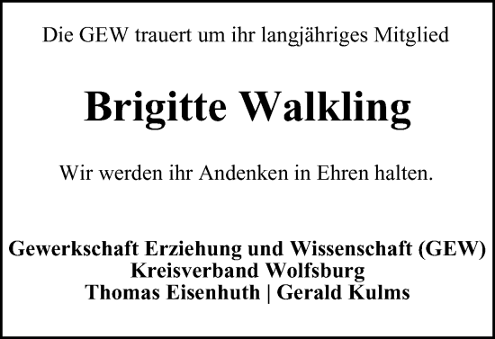 Traueranzeige von Brigitte Walkling von Wolfsburger Nachrichten