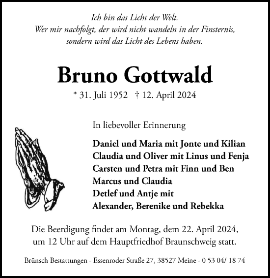Traueranzeige von Bruno Gottwald von Braunschweiger Zeitung