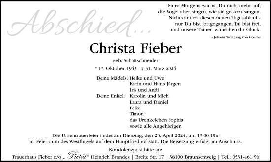 Traueranzeige von Christa Fieber von Braunschweiger Zeitung