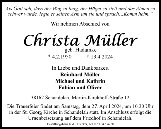 Traueranzeige von Christa Müller von Braunschweiger Zeitung