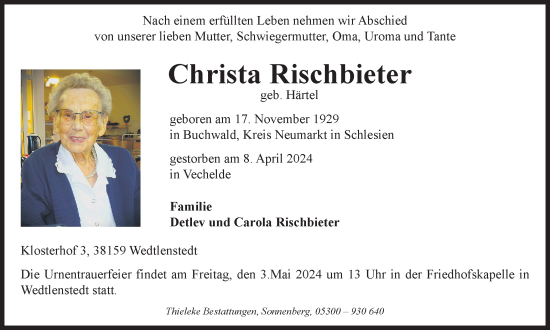 Traueranzeige von Christa Rischbieter von Peiner Nachrichten