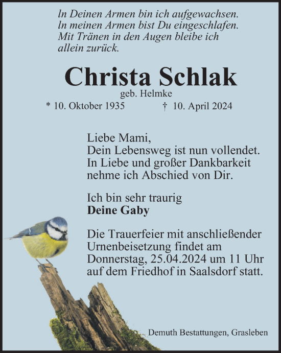 Traueranzeige von Christa Schlak von Helmstedter Nachrichten