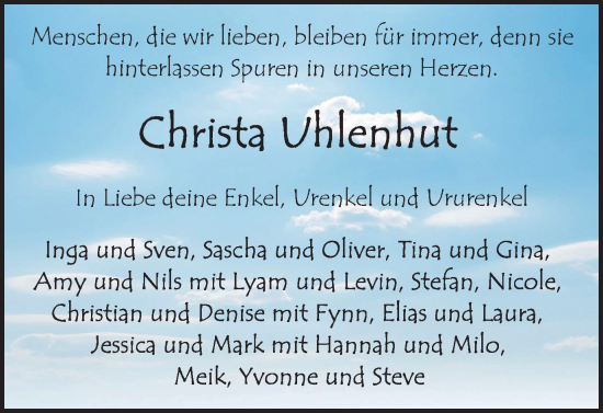 Traueranzeige von Christa Uhlenhut von Helmstedter Nachrichten