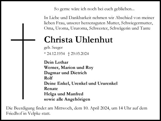 Traueranzeige von Christa Uhlenhut von Helmstedter Nachrichten