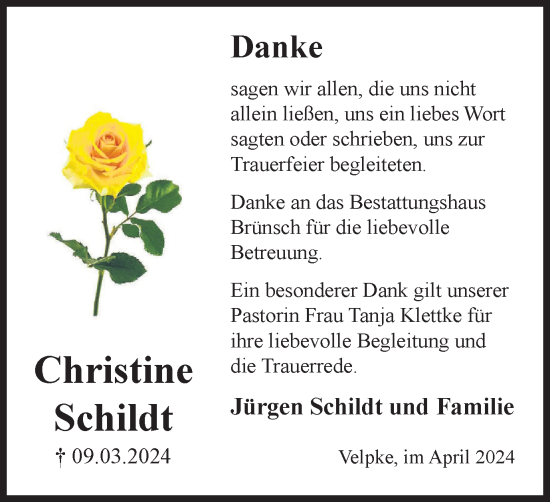 Traueranzeige von Christine Schildt von Helmstedter Nachrichten