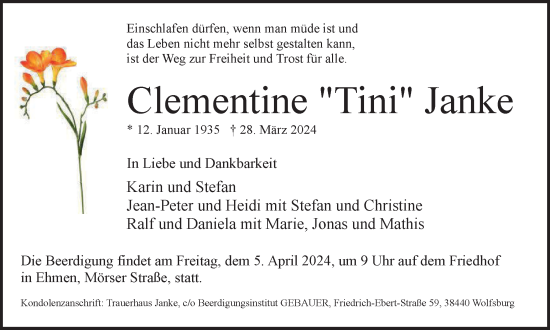 Traueranzeige von Clementine Janke von Wolfsburger Nachrichten