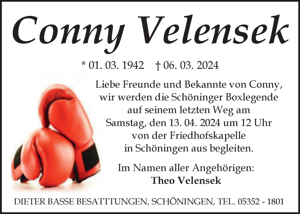  Traueranzeige für Conny Velensek vom 06.04.2024 aus Braunschweiger Zeitung