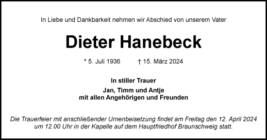 Traueranzeige von Dieter Hanebeck von Braunschweiger Zeitung