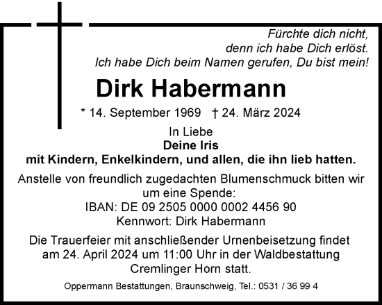 Traueranzeige von Dirk Habermann von Wolfsburger Nachrichten
