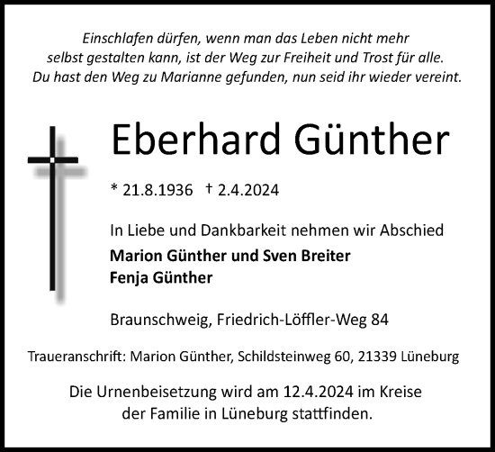 Traueranzeige von Eberhard Günther von Braunschweiger Zeitung