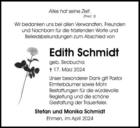 Traueranzeige von Edith Schmidt von Wolfsburger Nachrichten
