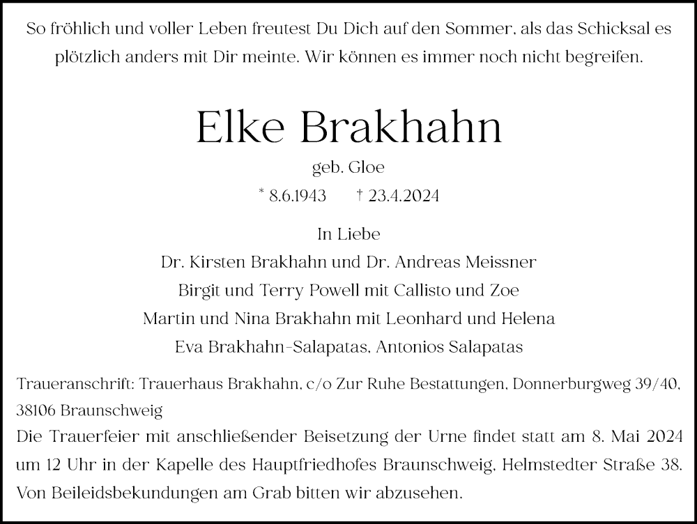  Traueranzeige für Elke Brakhahn vom 27.04.2024 aus Braunschweiger Zeitung