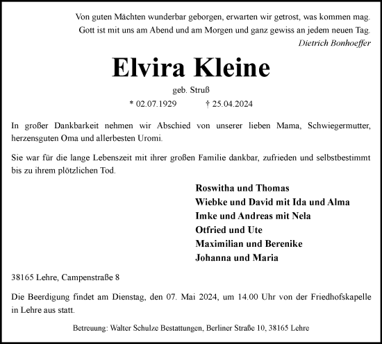 Traueranzeige von Elvira Kleine von Helmstedter Nachrichten