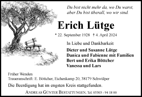 Traueranzeige von Erich Lütge von Braunschweiger Zeitung