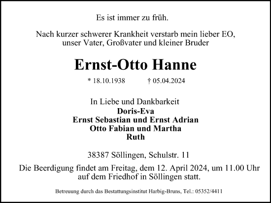 Traueranzeige von Ernst-Otto Hanne von Helmstedter Nachrichten