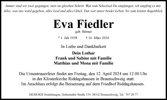 Traueranzeige von Eva Fiedler von Braunschweiger Zeitung