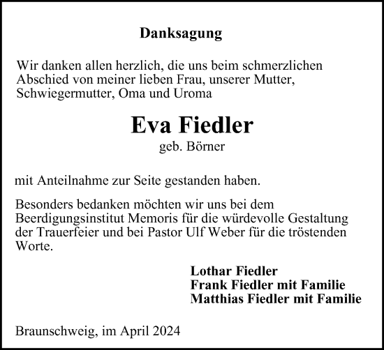Traueranzeige von Eva Fiedler von Braunschweiger Zeitung