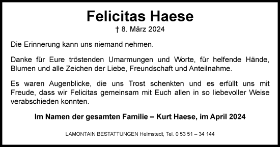 Traueranzeige von Felicitas Haese von Helmstedter Nachrichten