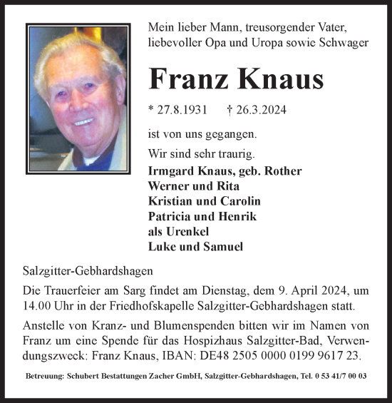 Traueranzeige von Franz Knaus von Salzgitter-Zeitung