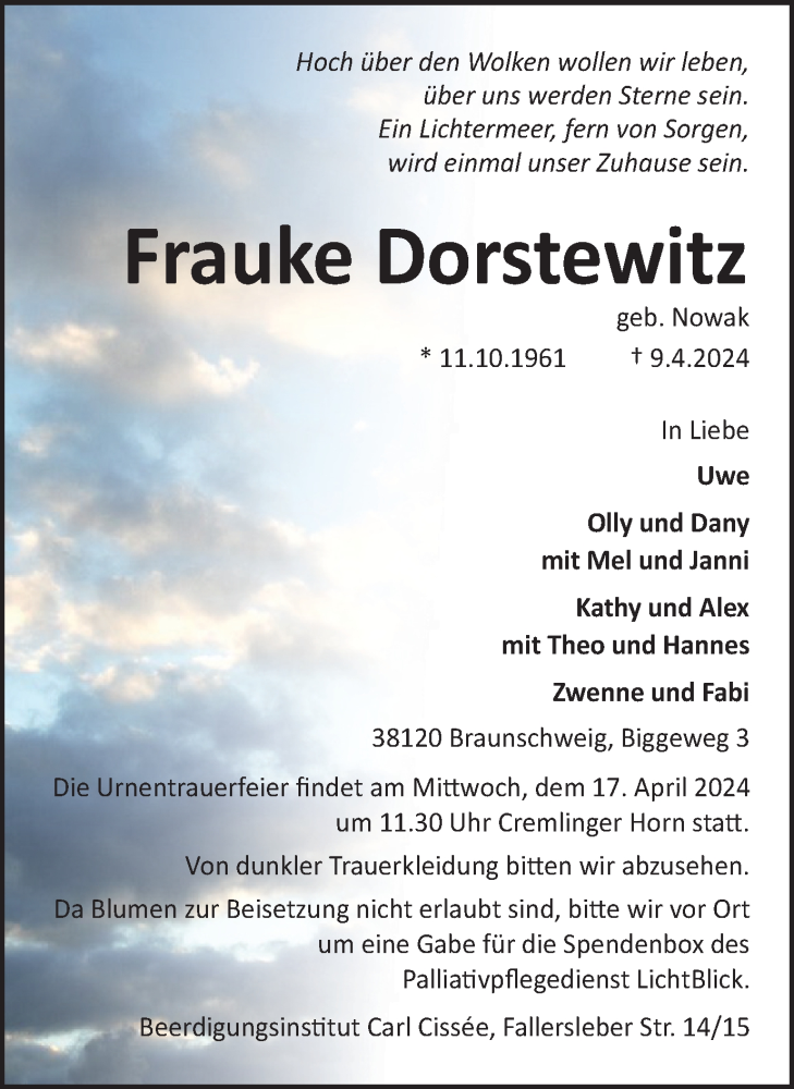  Traueranzeige für Frauke Dorstewitz vom 13.04.2024 aus Braunschweiger Zeitung