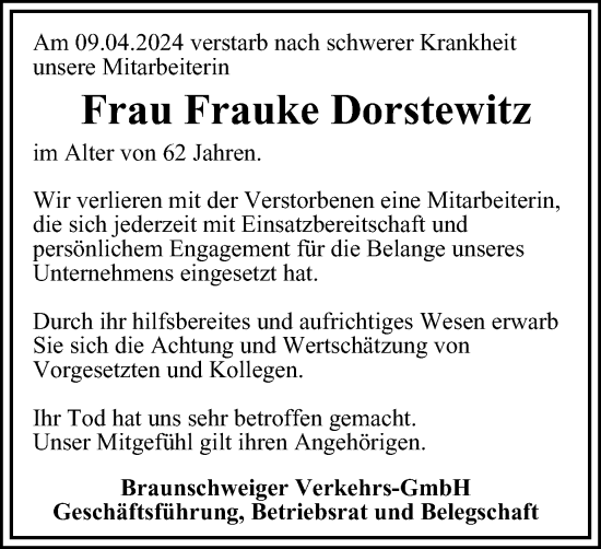 Traueranzeige von Frauke Dorstewitz von Braunschweiger Zeitung