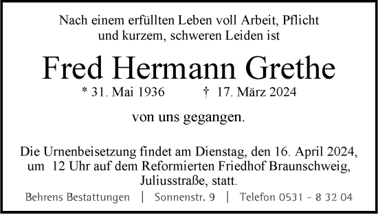Traueranzeige von Fred Hermann Grethe von Braunschweiger Zeitung