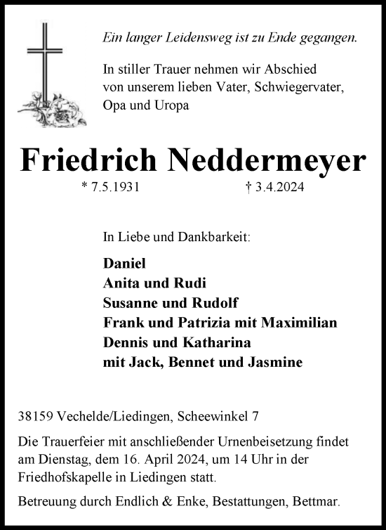 Traueranzeige von Friedrich Neddermeyer von Peiner Nachrichten