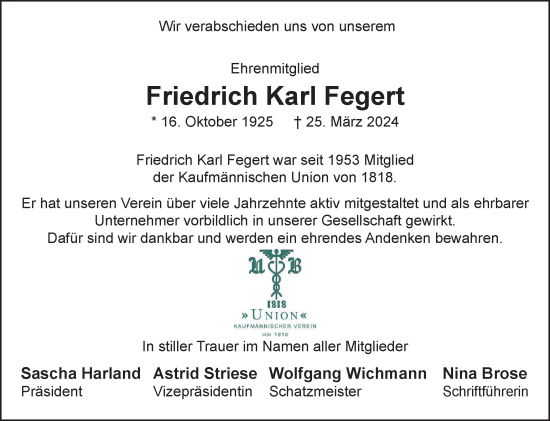 Traueranzeige von Friedrich Karl Fegert von Braunschweiger Zeitung