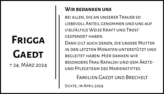 Traueranzeige von Frigga Gaedt von Braunschweiger Zeitung