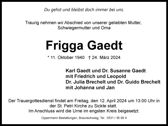 Traueranzeige von Frigga Gaedt von Braunschweiger Zeitung