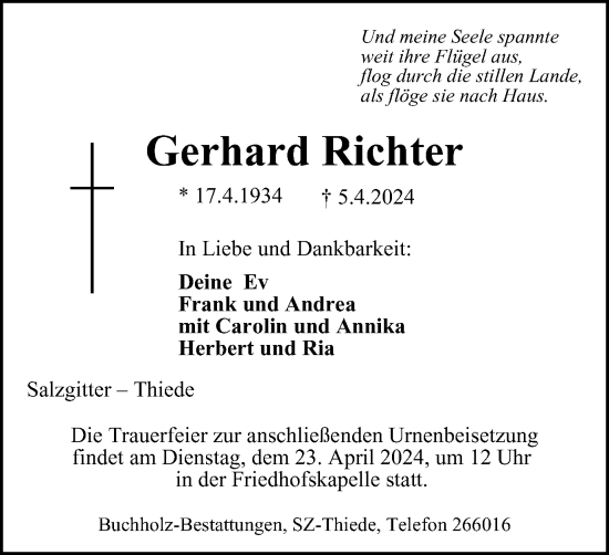Traueranzeige von Gerhard Richter von Salzgitter-Zeitung