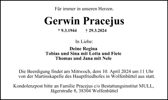 Traueranzeige von Gerwin Pracejus von Wolfenbütteler Zeitung